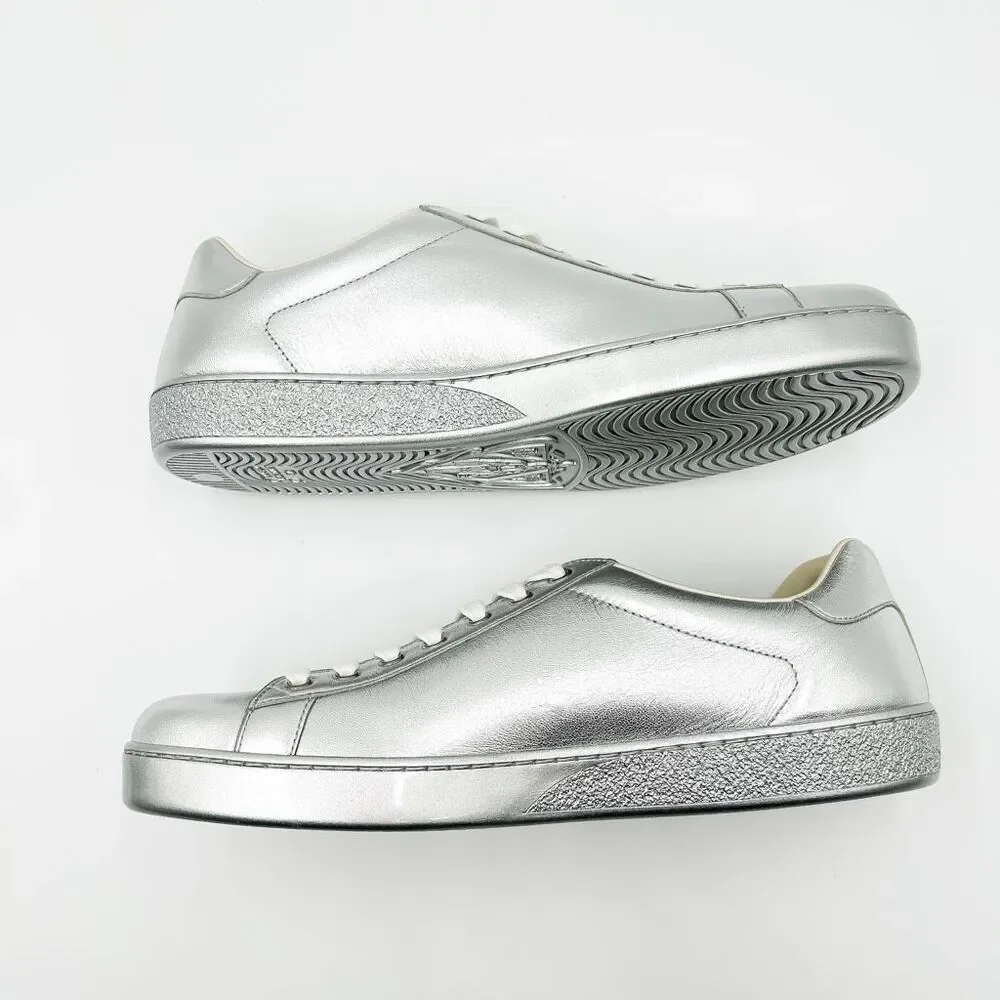 Gucci New GG Ace Silver Sneakers Interlocking G Trainers Mens